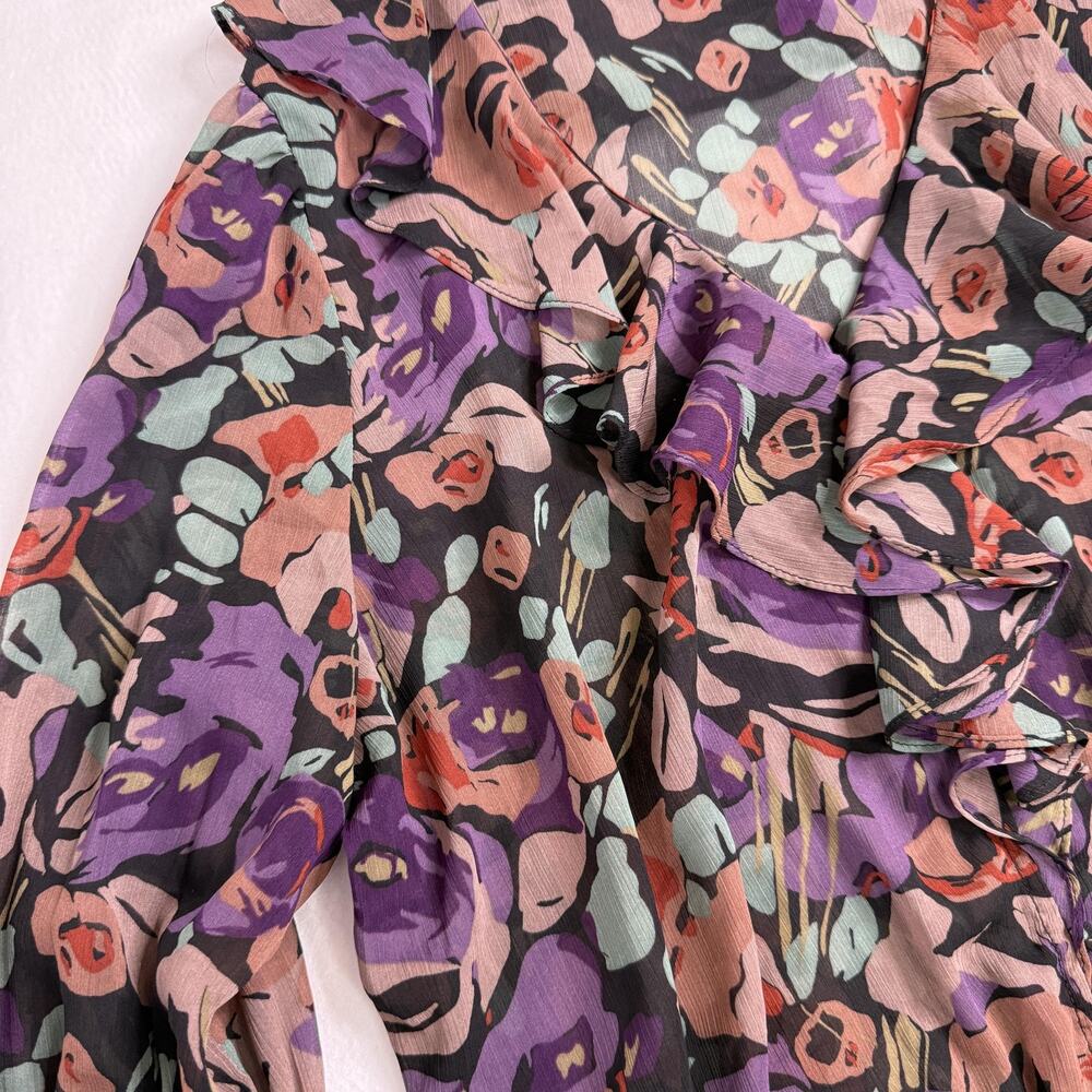 Ralph Lauren Top Womens L Multi V Neck 3/4 Puff Sleeve Floral Ruffle